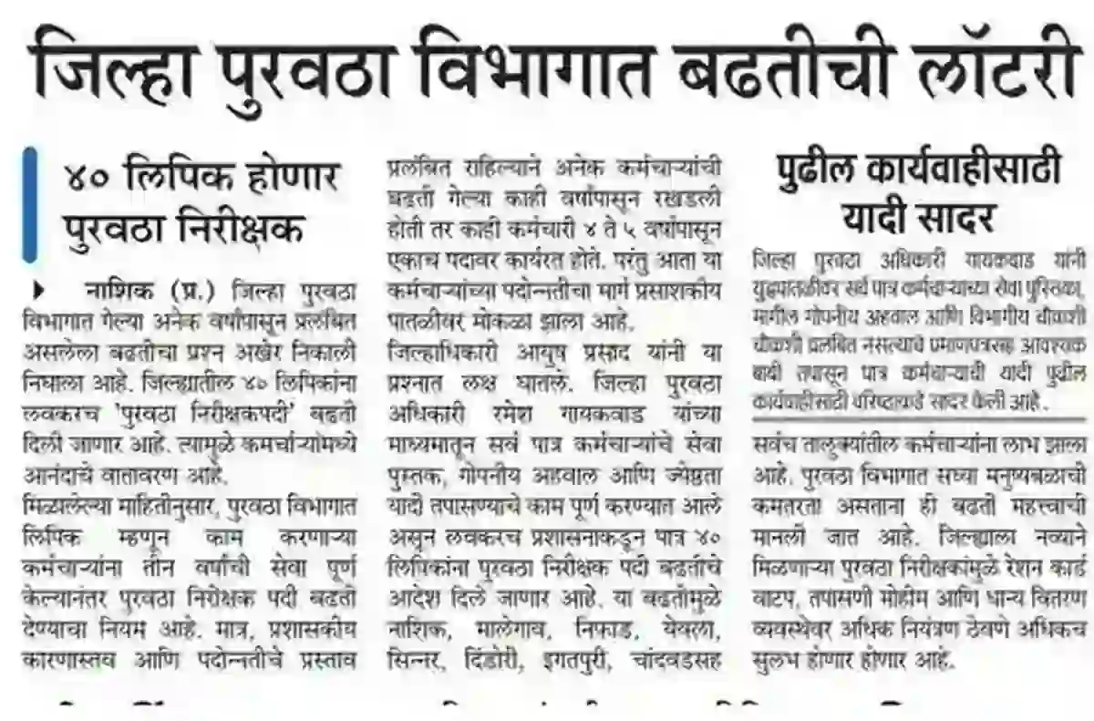 जिल्हा पुरवठा विभागात बढतीची लॉटरी; ४० लिपिकांना मिळणार ‘निरीक्षक’पदाची संधी! | District Supply Department Bharti