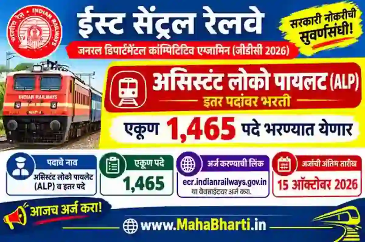 ईस्ट सेंट्रल रेलवे द्वारे १४६५ पदांची मोठी भरती जाहिरात प्रकाशित !! | East Central Railway Bharti