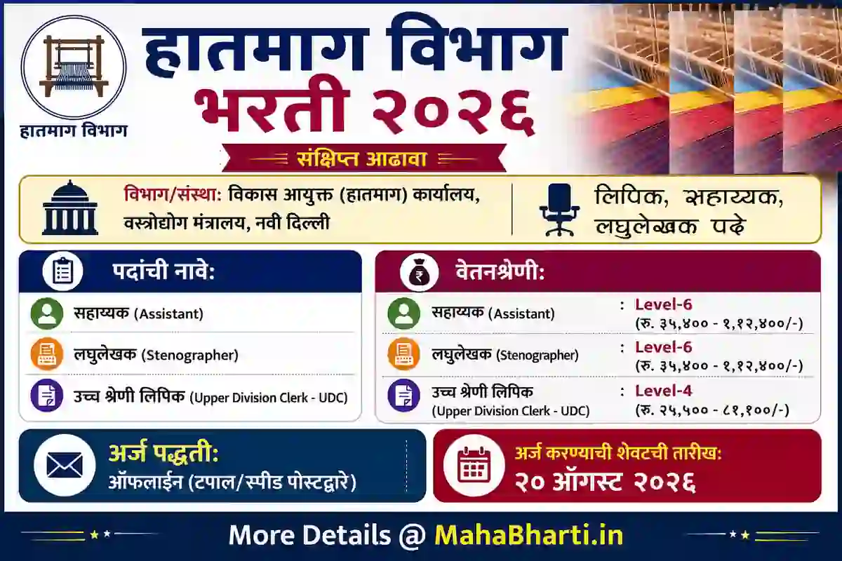 हातमाग आयुक्त विभागात लिपिक, सहाय्यक अन्य पदांची भरती सुरु, लाखावर मिळणार पगार! – Hatmag Ayukt Application Form