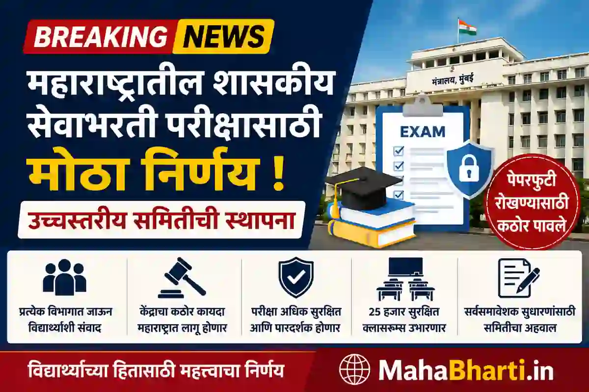 ब्रेकिंग न्यूज : महाराष्ट्रातील भरती परीक्षांमध्ये मोठ्या सुधारणांची तयारी; फडणवीस सरकारचा महत्त्वपूर्ण निर्णय | Maharashtra Paper Leak Law 2026
