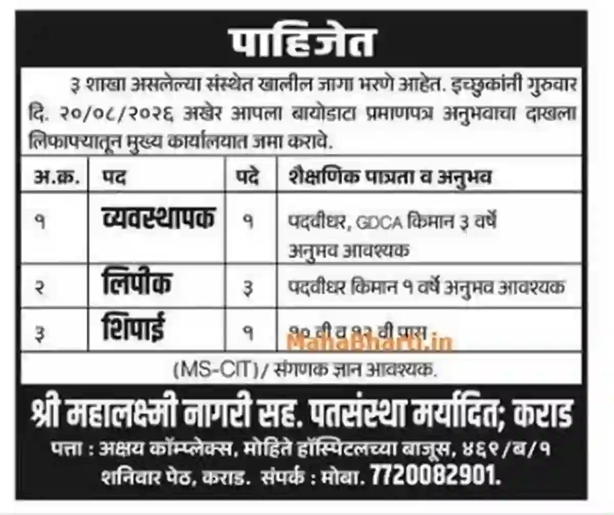 पदवीधरांसाठी खास संधी! महालक्ष्मी पतसंस्थेत व्यवस्थापक, लिपिक आणि शिपाई पदांची भरती | Shree Mahalakshmi Nagari Sahakari Patsanstha Bharti 2026