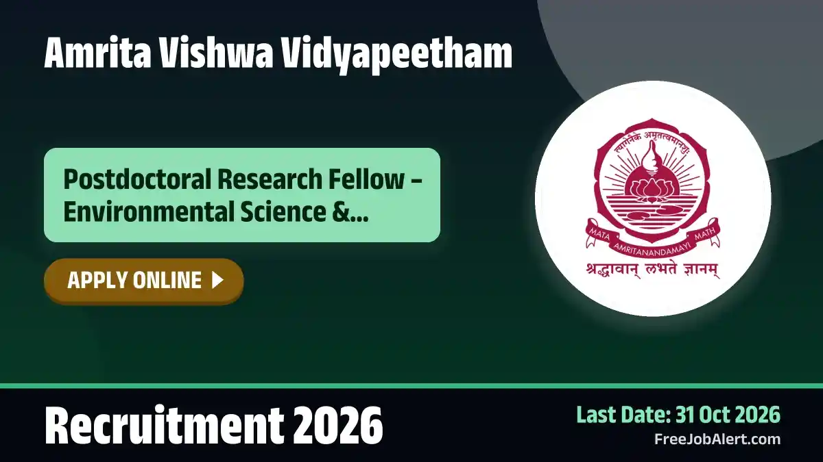 Amrita Vishwa Vidyapeetham Postdoctoral Research Fellow – Environmental Science & Sustainability Recruitment 2026 – Apply Online