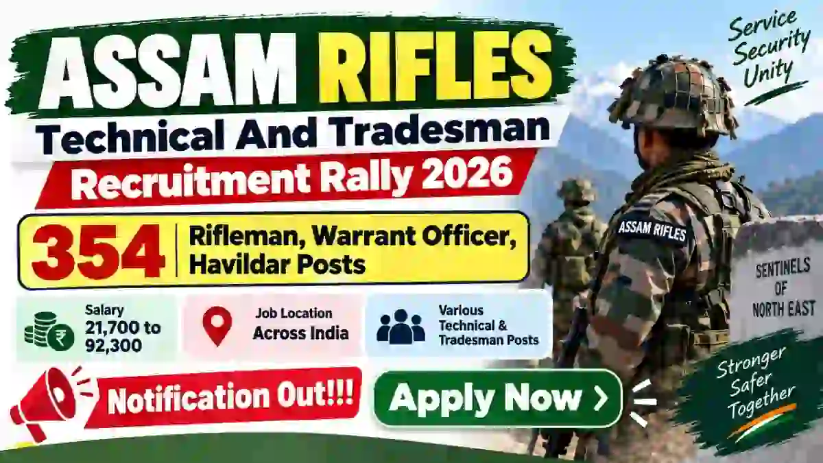 Assam Rifles Technical And Tradesman Recruitment Rally Notification 2026 Out - Apply Online 354 Warrant Officer, Rifleman and Other Posts Assam Rifles Technical And Tradesman Recruitment Rally Notification 2026 Out - Apply Online 354 Warrant Officer, Rifleman and Other Posts
