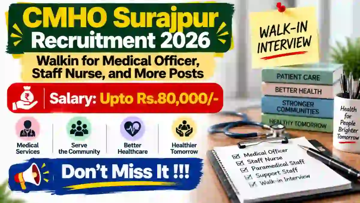 CMHO Surajpur Recruitment 2026 - Walkin for Medical Officer, Staff Nurse, and More Posts CMHO Surajpur Recruitment 2026 - Walkin for Medical Officer, Staff Nurse, and More Posts