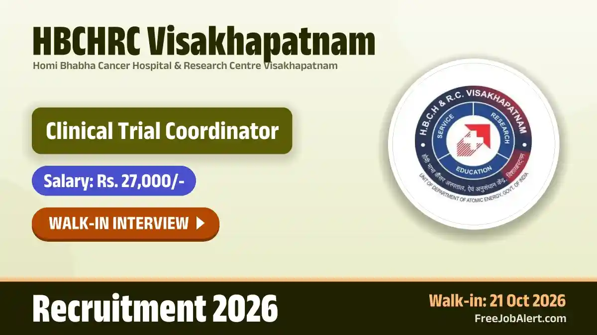 HBCHRC Visakhapatnam Clinical Trial Coordinator Recruitment 2026 – Walkin