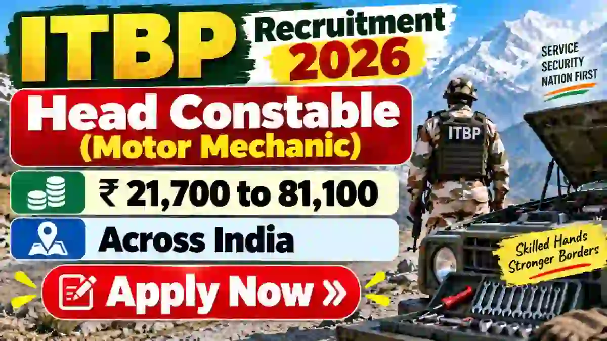 ITBP Head Constable (Motor Mechanic) Recruitment 2026 Notification Out - Apply Online for 21 Posts ITBP Head Constable (Motor Mechanic) Recruitment 2026 Notification Out - Apply Online for 21 Posts