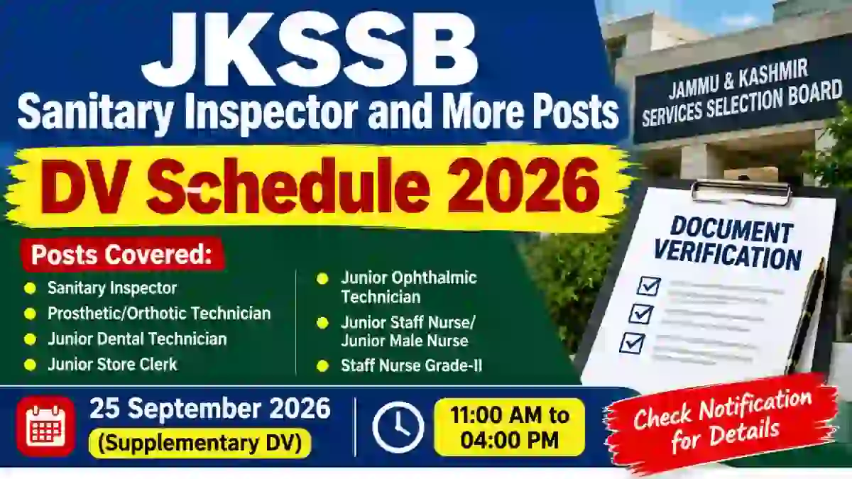 JKSSB Supplementary DV Schedule 2026 - Check Sanitary Inspector and More Posts DV Dates at jkssb.nic.in
