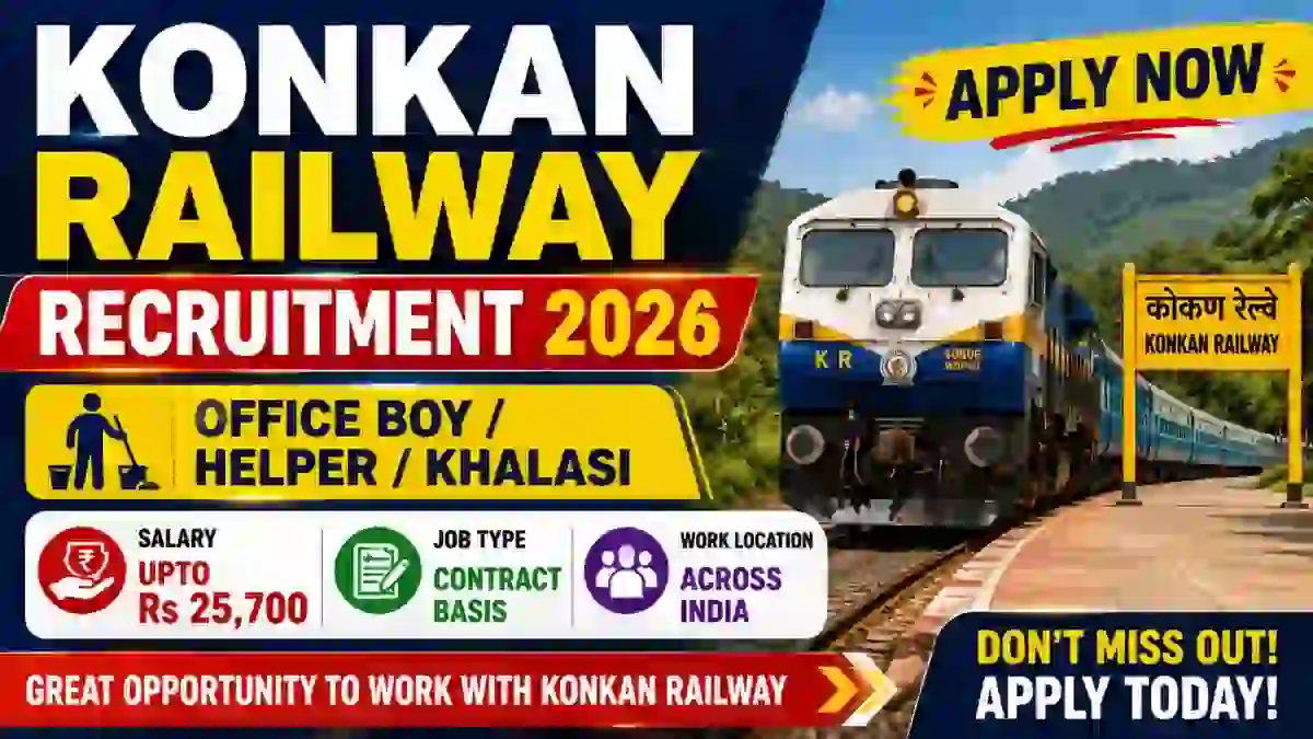 Konkan Railway Office Boy/Helper/Khalasi Recruitment 2026 – Walk in for 30 Posts Konkan Railway Office Boy/Helper/Khalasi Recruitment 2026 – Walk in for 30 Posts