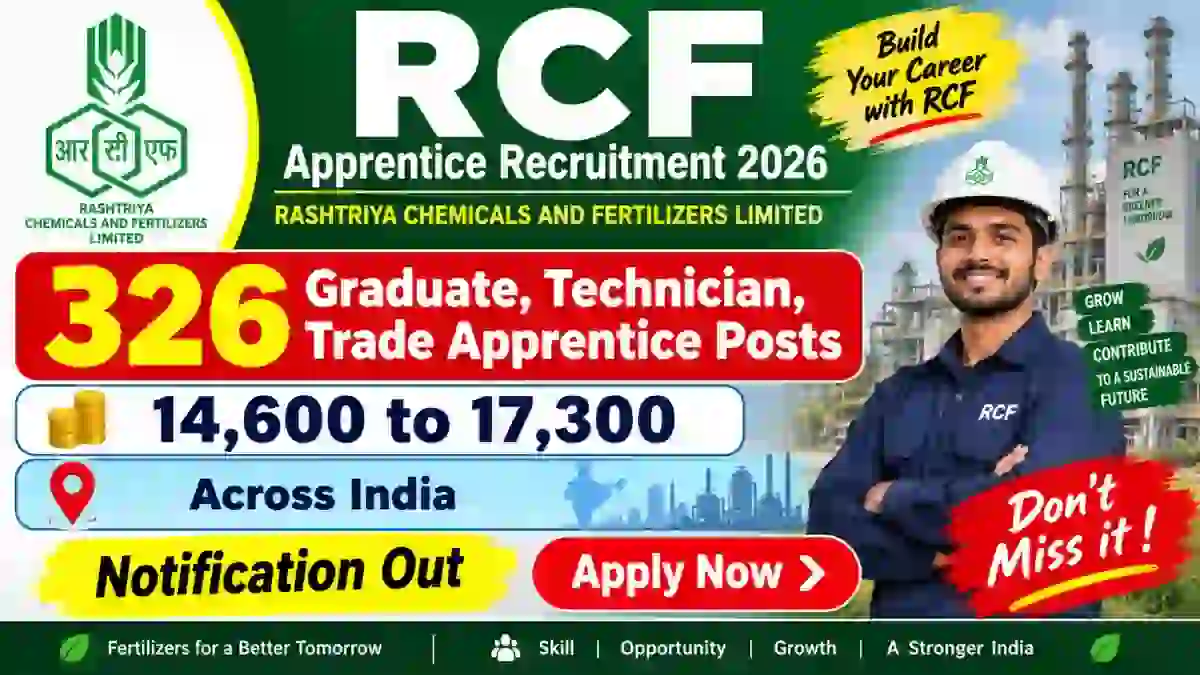 RCFL Apprentice Recruitment 2026 Notification Out - Apply Online for 326 Graduate, Technician, Trade Apprentice Posts
