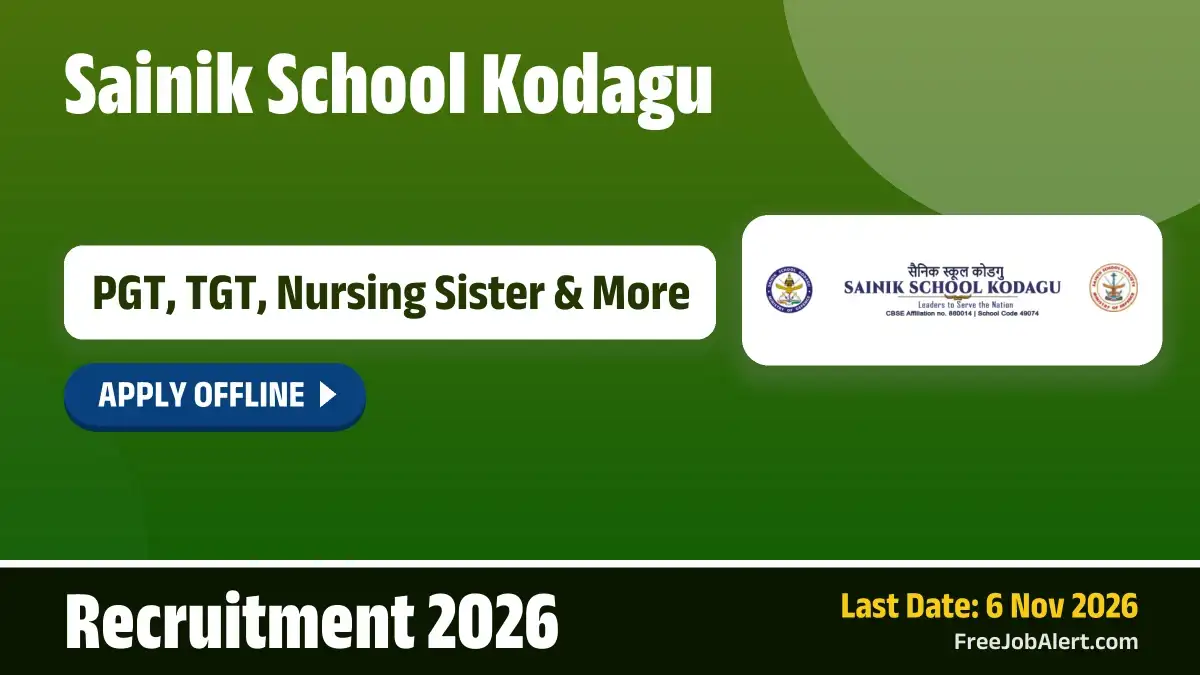 Sainik School Kodagu Recruitment 2026 – Apply Offline for 7 PGT, TGT, Nursing Sister and More Posts